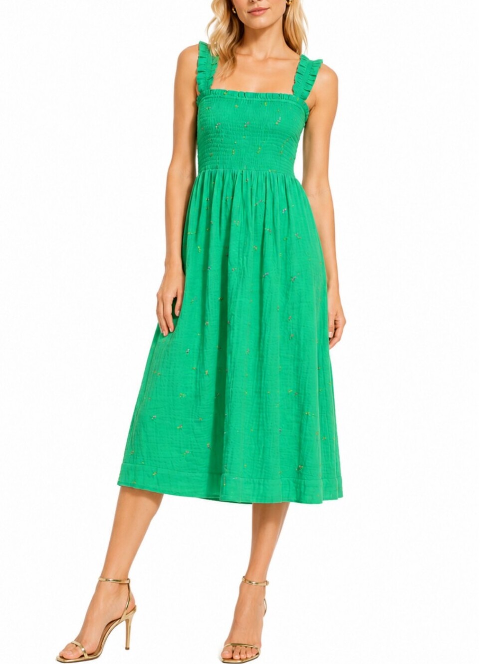 WYSE London Bliss Dress Size 4 Green Smocked Midi Ruffle Cottagecore Tomato Girl